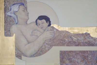 Acrylbild einer liegenden Frau mit einem Kleinkind vor goldenen und lila Flächen